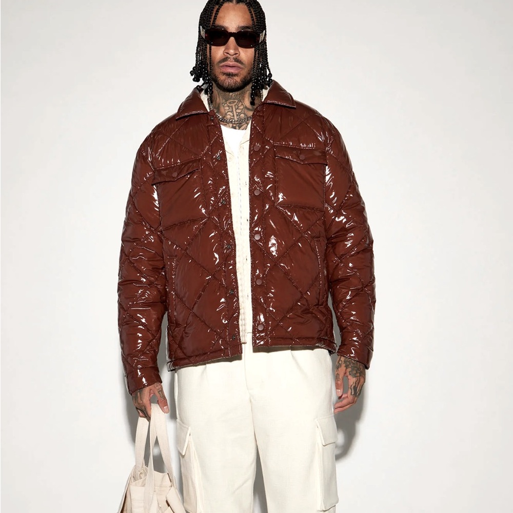 Nova Men NWT Brown your diamond quilted puffer jacket vinyl chocolate L